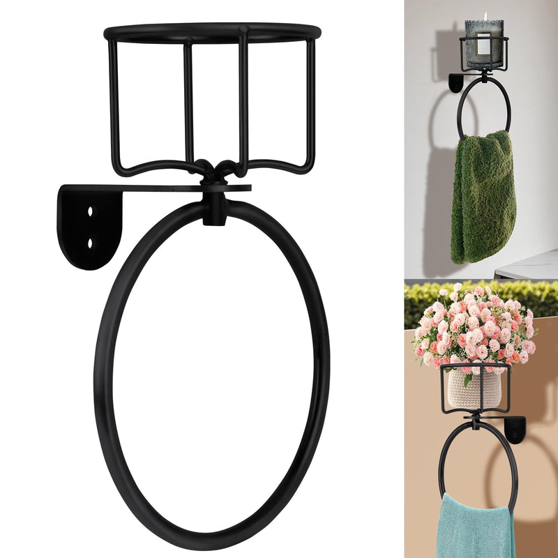 1Pcs Vintage Towel Ring with Candle Holder – Unique Antique Rustic Bathroom Accessories, Towel Holder, Wall-Mounted, Sturdy (Black) Black 1
