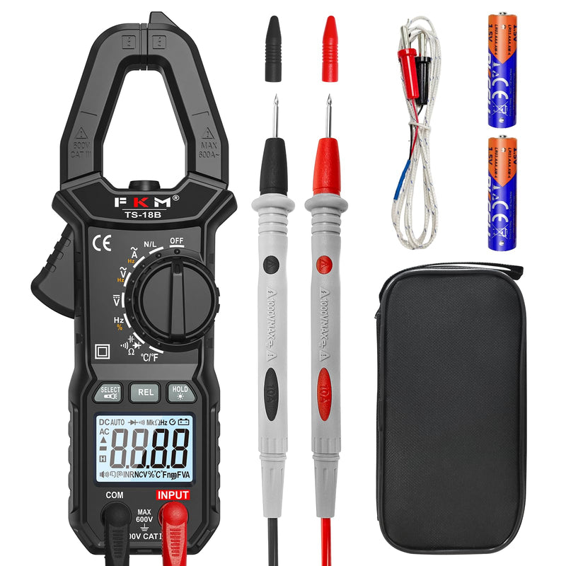 FKM Clamp Meter,TRMS 6000 Counts 600 Amp Digital Clamp Multimeter Voltage Tester,Auto-ranging Volt Meter,for AC/DC Voltage,AC Current,NCV,Capacitance,Resistance,Continuity,Hz/Duty Cycle,Diode,TempTest Black-(AC Current)Clamp Meter