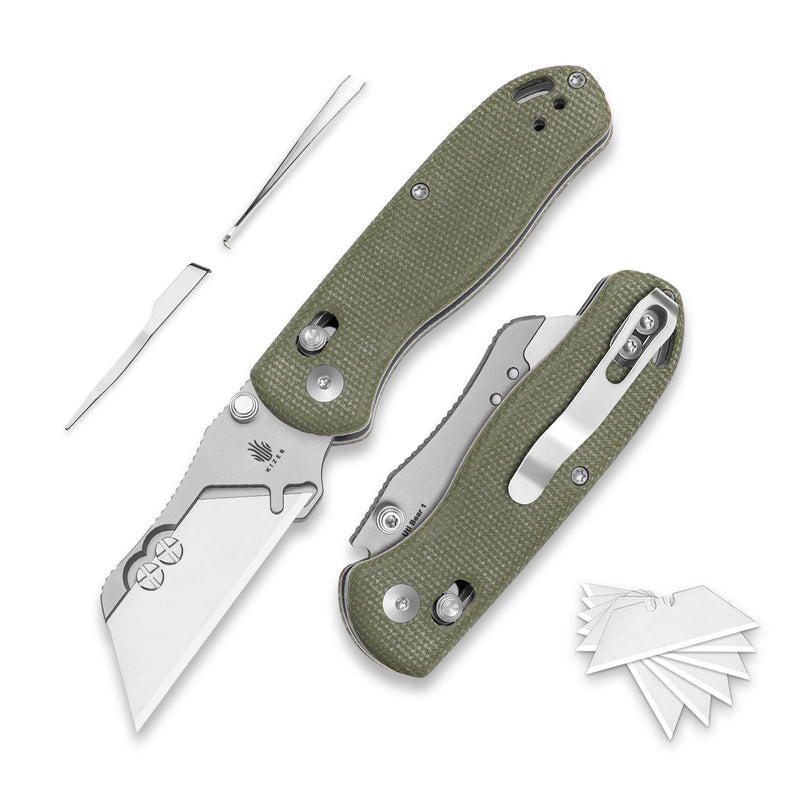 Kizer Uti Bear(New Dual-screw Version) Folding Utility Knife, Clutch Lock Box Cutter EDC Pocket knife with 5PCS Razor Blades, Pocket Knives with Pocket Clip for Men Women V3619JM1 Olive Green