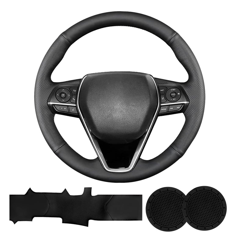 Hand Sewn Steering Wheel Cover for Toyota RAV4 SUV 2019-2024 / Avalon 2019-2022 / Camry 2018-2024 / Corolla 2020-2025 Genuine Leather Sew On Steering Wheel Cover Full-Wrap Accessories(Black) Black