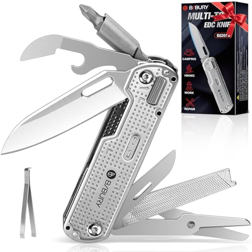 BIBURY 13-in1 Multitool Pocket Knife with Clip & Large Scissors, Locking