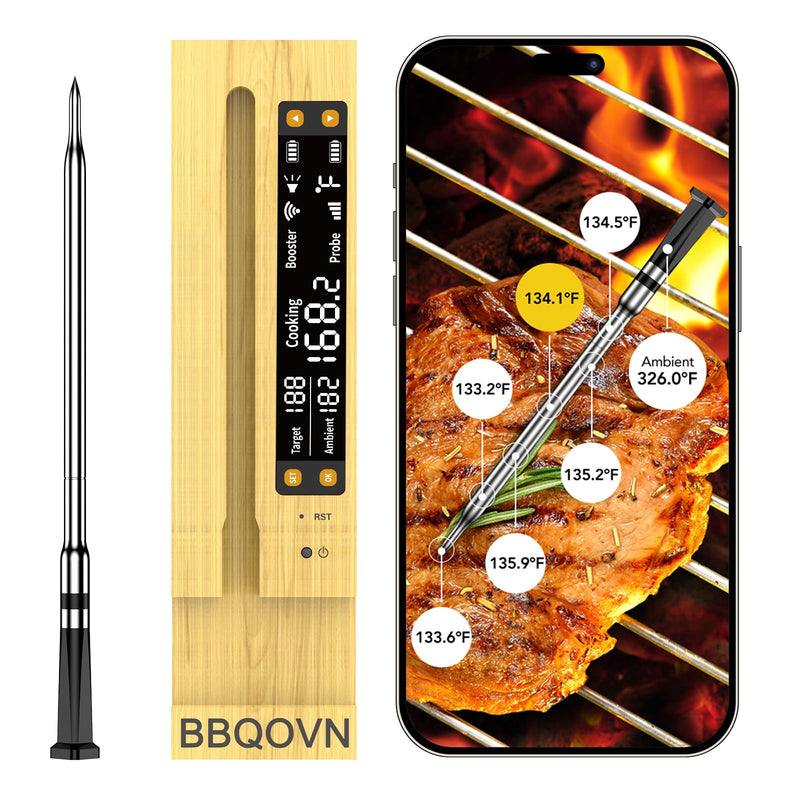 WiFi Sub-1g Wireless Meat Thermometer Unlimited Range with Digital Smart Base 7 NIST Certified Sensors with Ambient Temp Monitor for BBQ, Grill,Oven, Smoker(1, Black, Small) 1