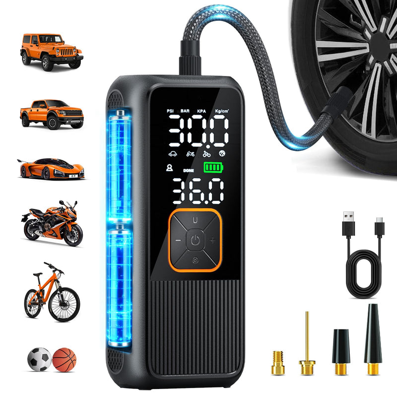 Tire Inflator Portable Air Compressor, 150 PSI Rechargeable Air Pump with Digital Pressure Gauge and LED Light, Smart Auto-Off Tire Pump for Car, Motorcycle, Bike, Ball