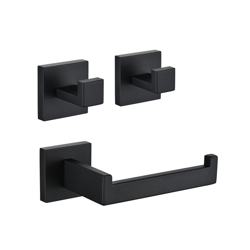 3PCS Bathroom Hardware Set, Matte Black Toilet Paper Holder, 2 Square Towel Robe Hooks, SUS 304 Stainless Steel, Wall Mounted, Modern, Rust‑Resistant (Black)