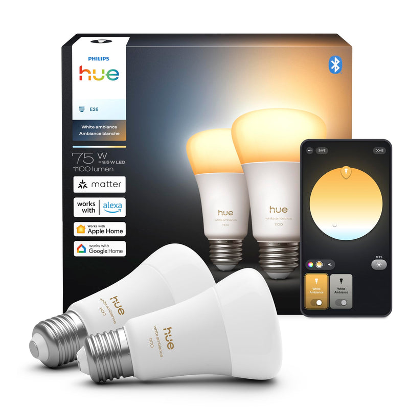 Philips Hue Smart LED A19 Bulb 2-Pack, White Ambiance, E26 Base, 9.5W, Full Spectrum Light 1000K-20000K, 1100 Lumens, Dimmable LED Bulbs, Works with Alexa, Google, and Apple Home Revamped 2 Pack