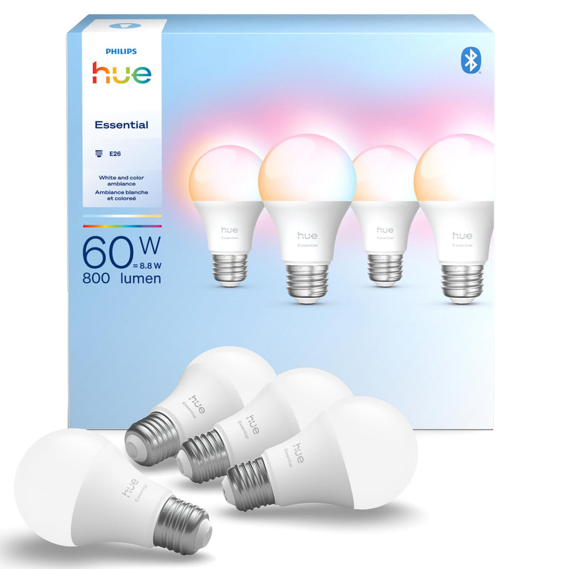 Philips Hue Essential Smart LED A19 Bulb 4-Pack, White and Color Ambiance, E26, 7.2W, 2200K-6500K, 800 Lumens, Dimmable LED Bulbs, Works with Alexa, Google Assistant, Apple Home 4 Pack