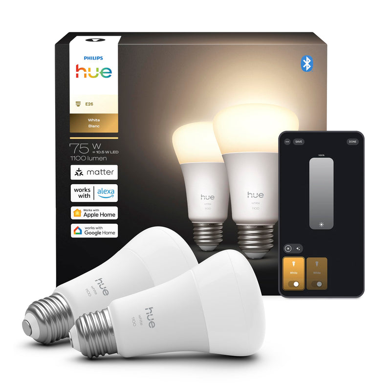 Philips Hue Smart LED A19 Bulb 2-Pack, Warm White Light 2700K, E26 Base, 10.5W, 1100 Lumens, Dimmable LED Bulbs, Works with Alexa, Google Assistant, and Apple Home
