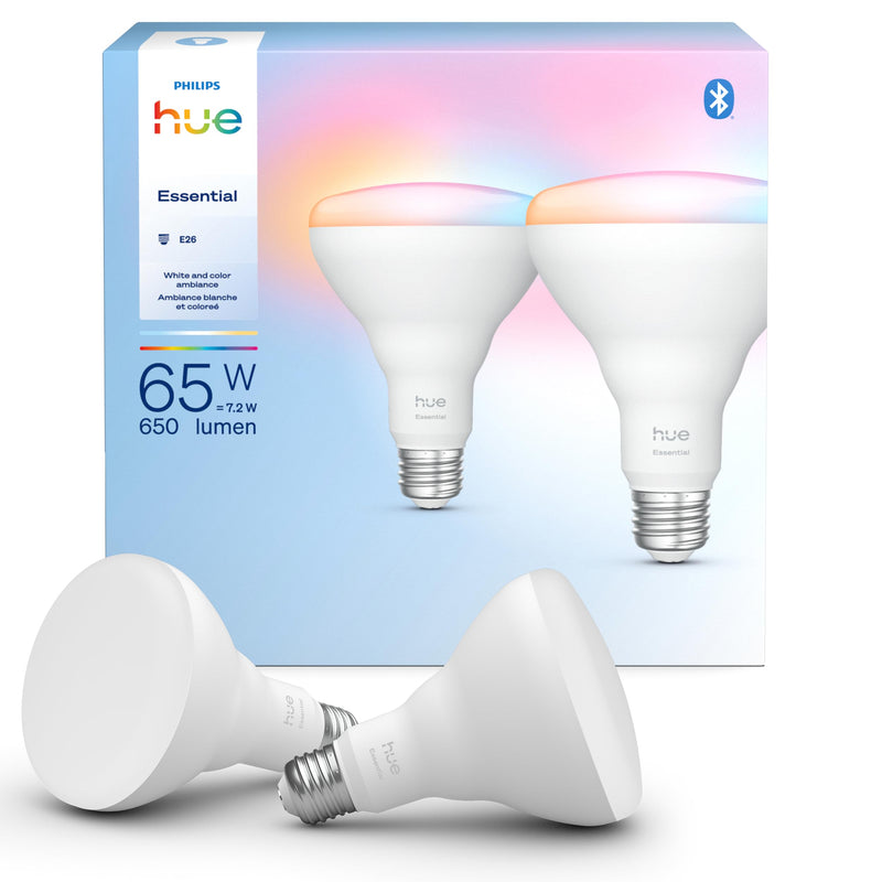 PHILIPS Hue Essential Smart LED BR30 Bulb 2-Pack, White and Color Ambiance, E26, 7.2W, 2200K-6500K, 650 Lumens, Dimmable LED Bulbs, Works with Alexa, Google Assistant, Apple Home 2 Pack