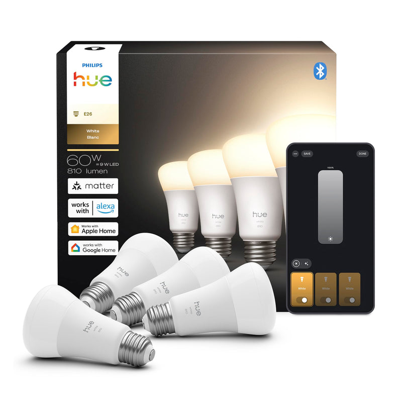 Philips Hue Smart LED A19 Bulb 4-Pack, Warm White Light 2700K, E26 Base, 9W, 810 Lumens, Dimmable LED Bulbs, Works with Alexa, Google Assistant, and Apple Home 4 Pack Revamped