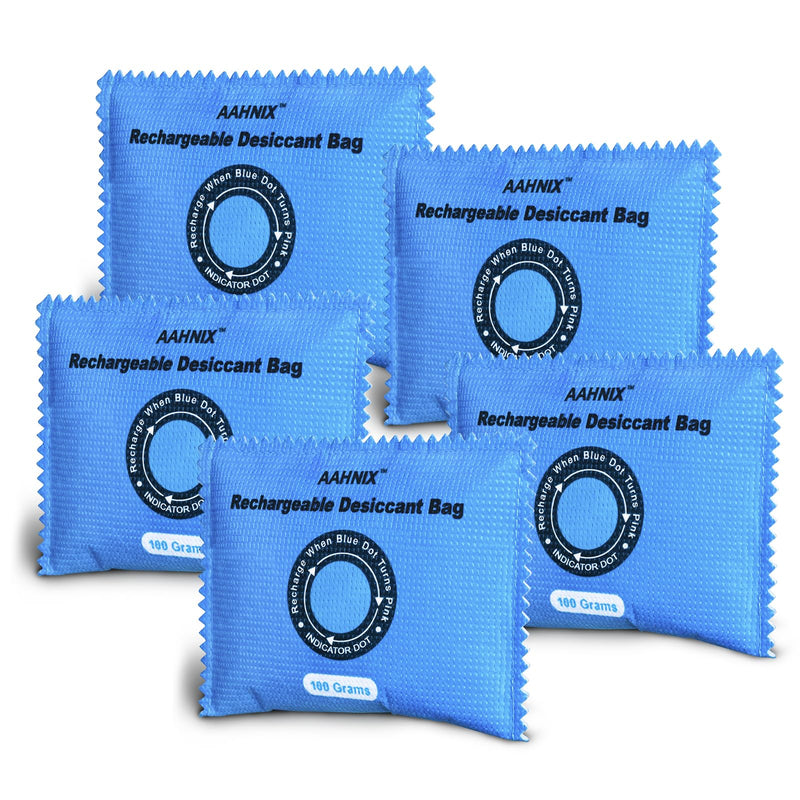 5 Pack Rechargeable Silica Gel Packets, 100g Each-Moisture Absorbers for Storage Bins, Safe Dehumidifier Bags, Desiccant Packs for Closets, Cars, and Electronics 5