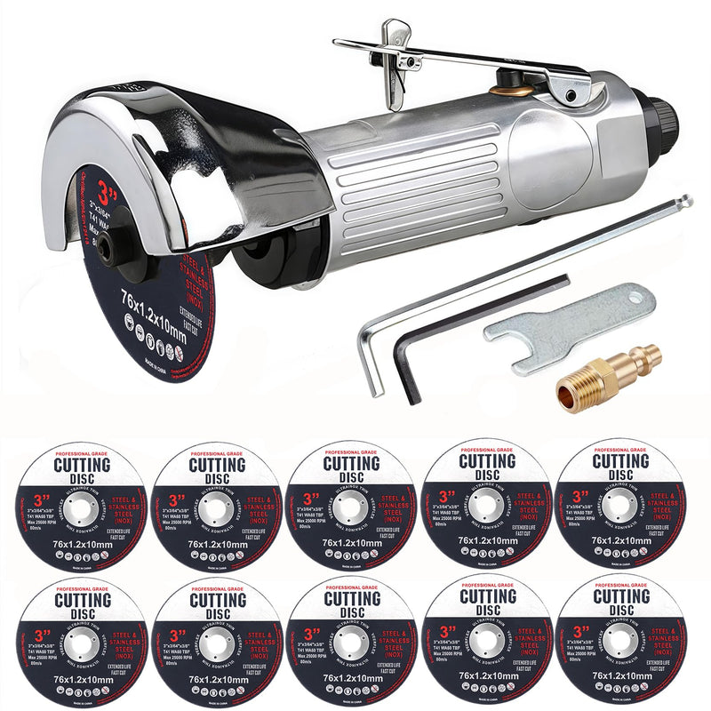 3 Inch Air Cut Off Tool with 10Pcs Cut Off Wheels | High-Speed Air Cutter, 20000RPM, Pneumatic Cutting, For Steel, Inox, PVC, Multiple Functions