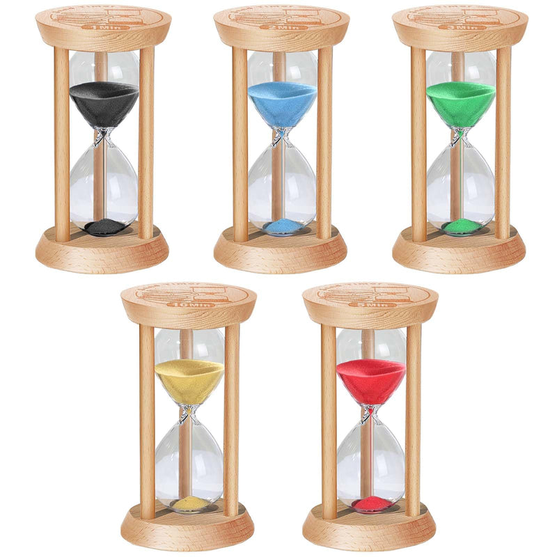 SuLiao Sand Timer, Colorful Wood Hourglass Sandglass Timer, Wooden Sand Clock, Hour Glass, Reloj De Arena 1min/2min/3min/5min/10min for Brushing Teeth, Classroom, Cooking, Games, Office (Pack of 5) 1/2/3/5/10 Min Black/ Blue/ Turq/ Red/ Gold