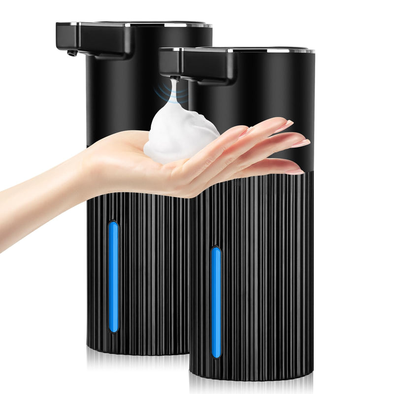 2 Pack Automatic Soap Dispenser: 14oz Plastic - Foaming Touchless 4 Level Adjustable Wall Mount Foam Black Rechargeable Electric Auto Smart Soap Dispenser Set - Bathroom Kitchen Hand Dish Lotion 2 Pack Black