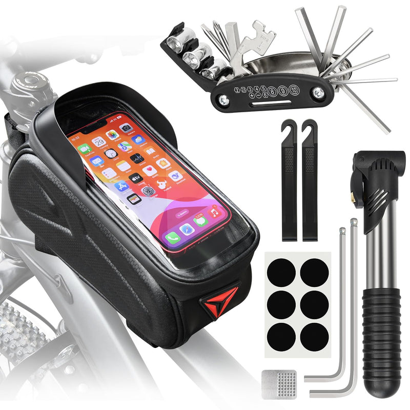 Bike Repair Kit, Bicycle Repair Bag With Tire Pump, Bike Tool Kit for Camping Travel, 16-in-1 Bike Multitool, Bicycle Tire Repair Kit, 4mm and 5mm Allen Wrenches, Used for Mountain Bike and Road Bike Bike Phone Bag Set