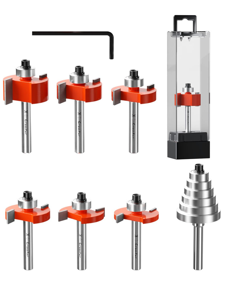 Crosstar 6Pcs Rabbeting Router Bit Set with 6 Bearings - 1/4" Shank Carbide Tipped Bits for Woodworking - Includes 1/4", 5/16", 3/8", 1/2", 3/16", 5/8" Height Cutters & 6 Sizes Bearings