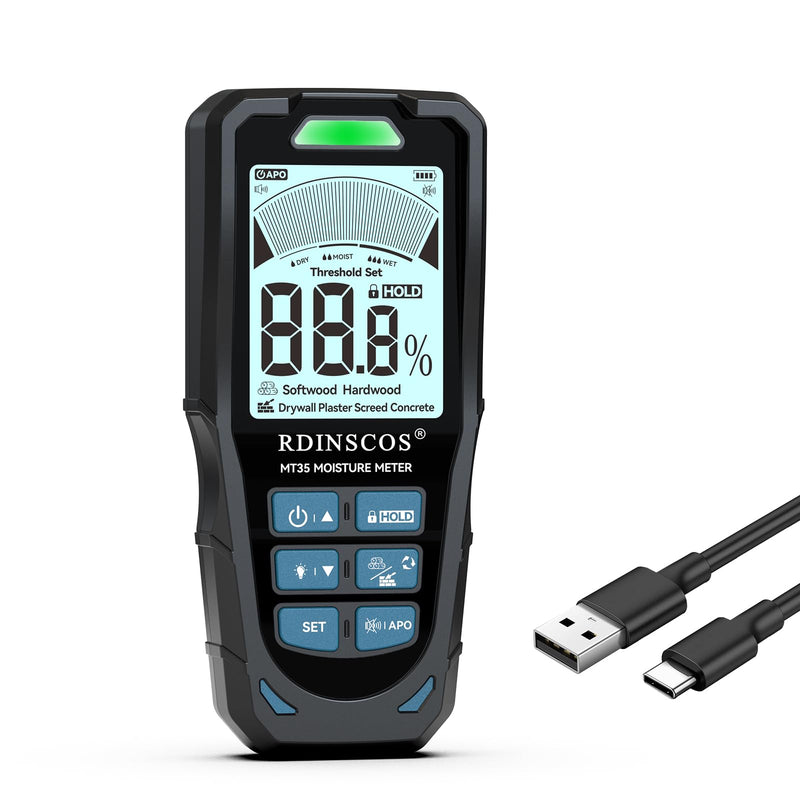 RDINSCOS Rechargeable Pinless Moisture Meter for Drywall | 19mm Depth,Non-Destructive Moisture Tester,Auto Alarm for Wood, Wall, Flooring & Building Materials, Home DIY Inspection MT35