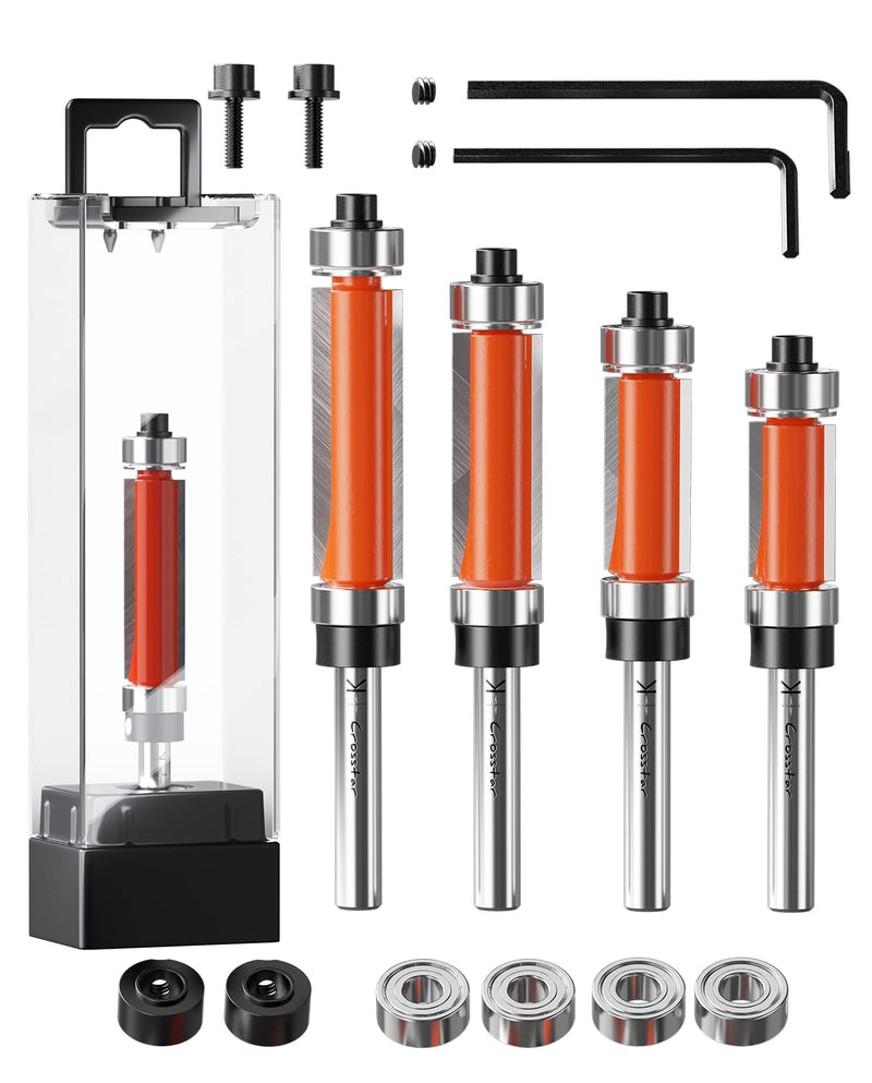 Crosstar 4Pcs Flush Trim Router Bit Set 1/4" Shank, Top & Bottom Bearing, Carbide Template Guide Bits for Woodworking - 1/2" Diameter, 3/4", 1", 1-1/4", 1-1/2" Cutting Length with Wrenches & Bearings