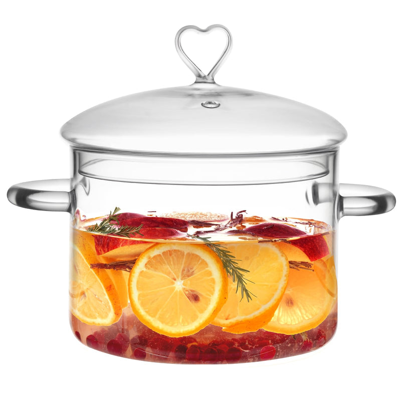2 L Glass Cooking Pot with Lid, Simmer Pot for Stove Potpourri, Save Energy, Heat Resistant, for Water-based Recipes. Heart Shape Lid, Clear,2000ml(68oz) 2.1 Quarts