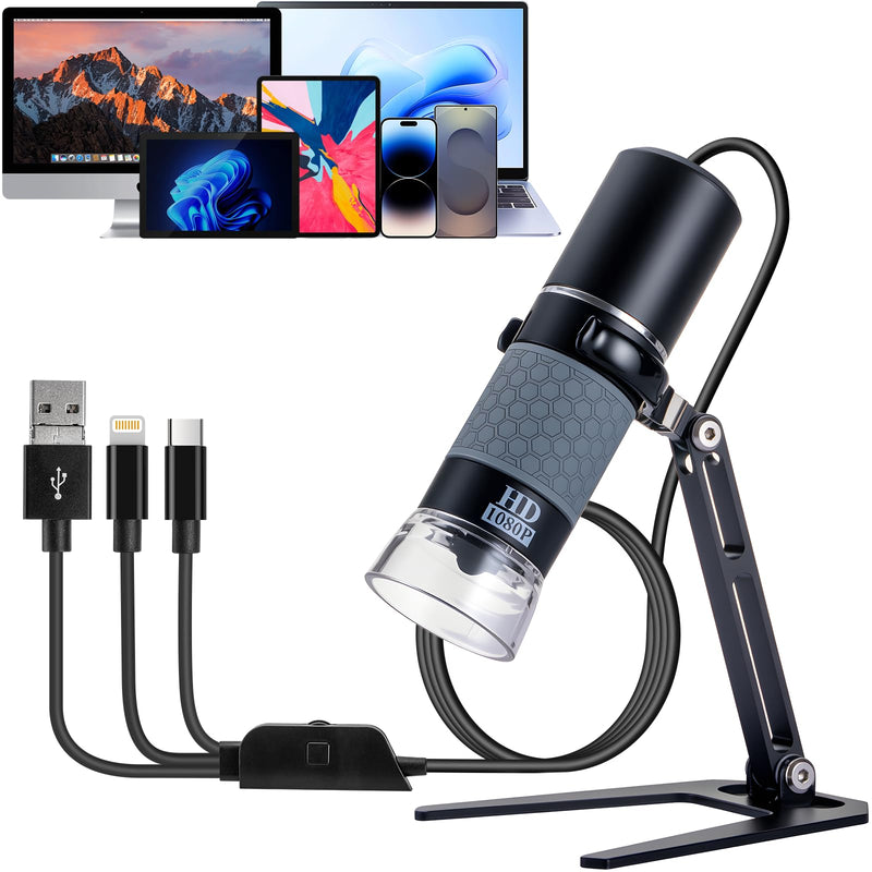 Jiusion 1080P USB Digital Handheld Microscope, 50 to 1000x Magnification Endoscope Full HD 1920x1080P Camera 8 LEDs with Metal Stand for iPhone iPad Android Mac Windows Linux Chrome Black/Grey