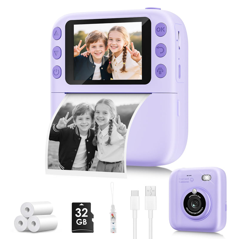 Instant Print Camera for Kids, Christmas Birthday Gifts for Girls Boys, 1080P Instant Digital Print Cameras for Toddler,Portable Toy for 4 5 6 7 8 9 10 Year Old Girl with 32GB SD Card，Purple Purple