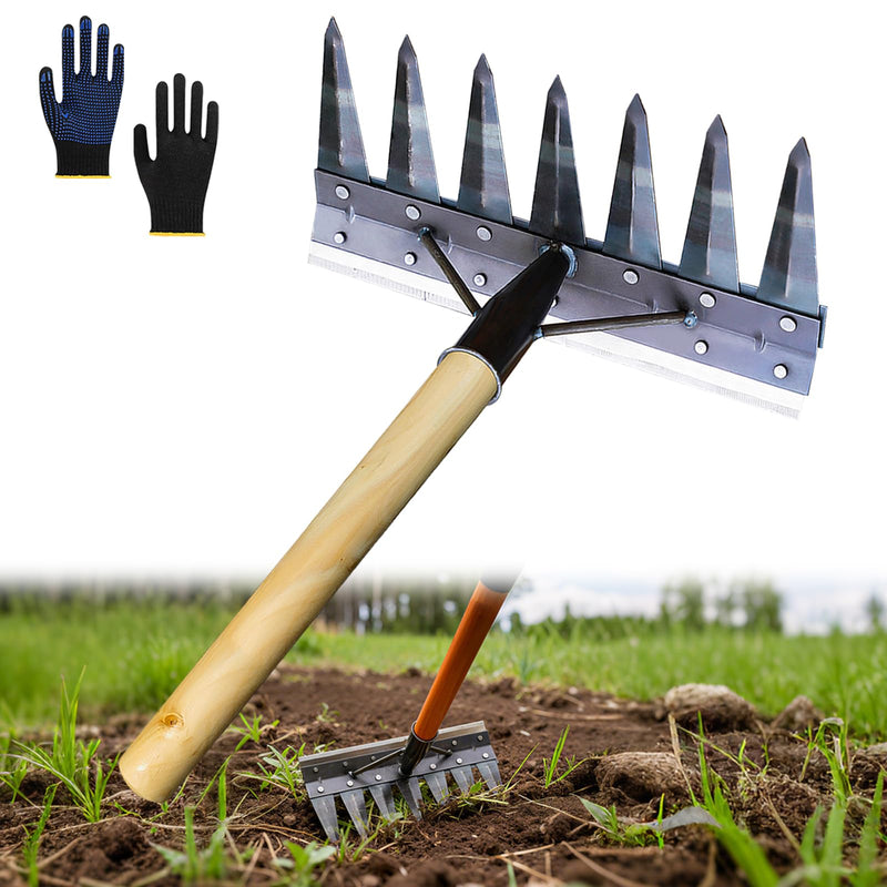 7 - pronged Heavy-Duty Garden Tiller Featuring a Wooden Handle,Iron Weed Puller Tool,New Spray-Painted Iron Manual Weed rake, Gardinia uprooting Tool,Suitable for Lawn and Garden