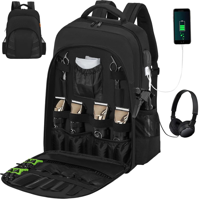 Barber Supplies Bag, Portable Backpack Bags Organizer for Clippers and Supplies, Travel Hairstylist Clipper Case for Barber Hair Cutting Kits with USB Port 12.1"x4.6"x17.2"