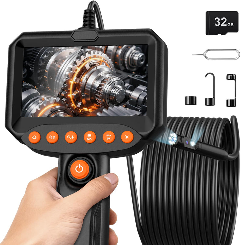 Dual Lens Endoscope Camera with Light, 1920P HD Industrial Borescope with 4.3" LCD, IP67 Waterproof Inspection Camera, 16.4FT Semi-Rigid Cable, 8 LED Lights 32GB Card, for Sewer Pipe Car Repair(Black) black