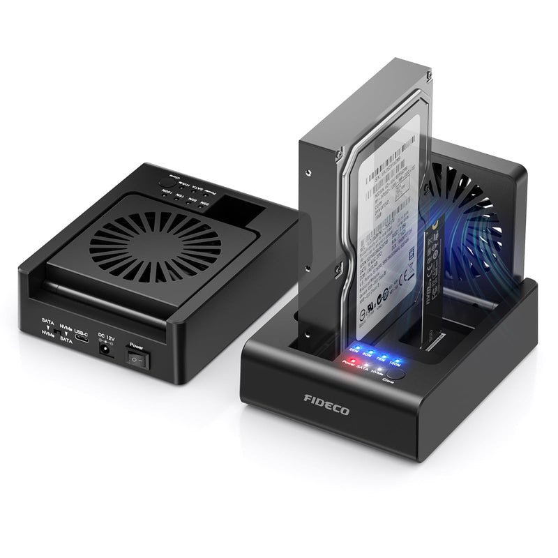 FIDECO USB C Docking Station for M.2 NVMe SSD and 2.5"/3.5" SATA HDD with Bidirectional Offline Clone, M.2 NVMe to USB Adapter Cloner, SSD Reader with Foldable Cooling Fan, Ultimate Heat Dissipation