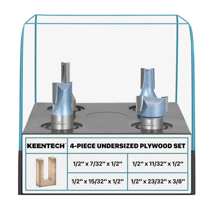 KEENTECH 4-Piece Straight Router Bit Set for Undersized Plywood – 1/2" Shank, Precise Groove Cutting for 1/4"–3/4" Panels