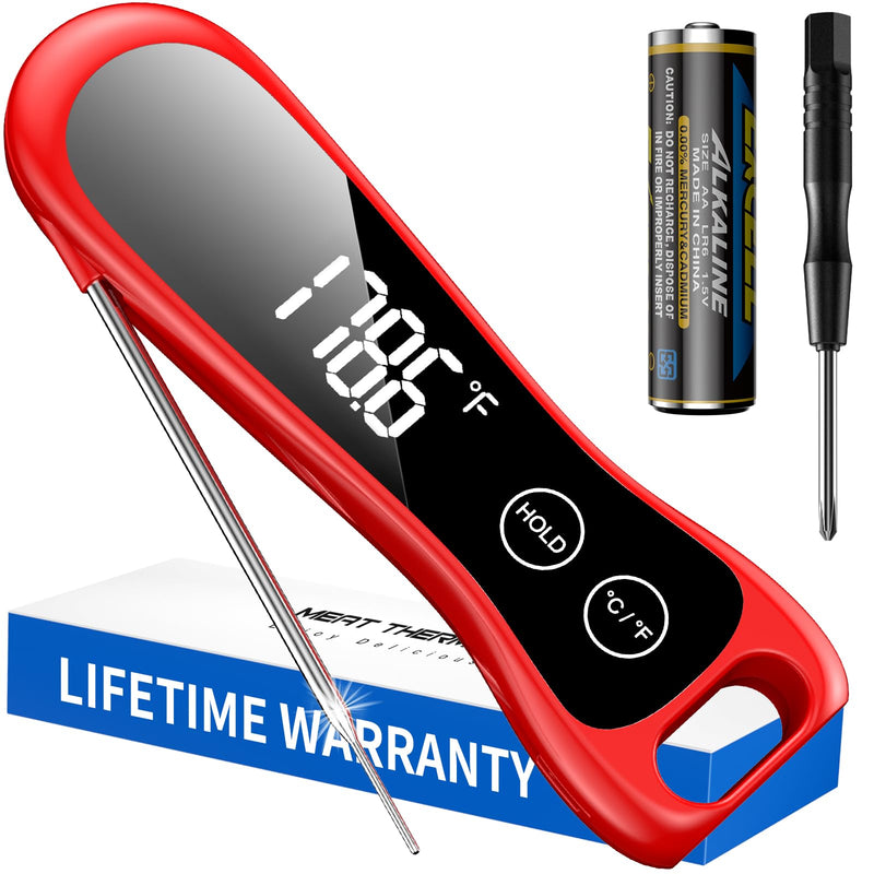 2025 Upgraded Meat Thermometer Digital-1 Second Instant Read Food Thermometer with Large LED Display-IP67 Waterproof Kitchen Thermometer for Grilling and Cooking for Oven, BBQ, Smoker, Candy, Turkey Red