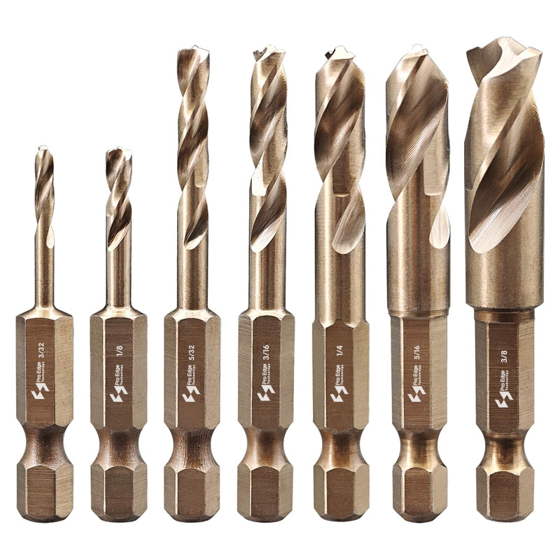 Pro Edge 7pcs Cobalt Stubby Drill Bit Set, M35 HSS Short Drill Bits for Hard Metal Stainless Steel Wood Plastic 1/4" Quick Change Hex Shank with Storage Case (3/32"-3/8")