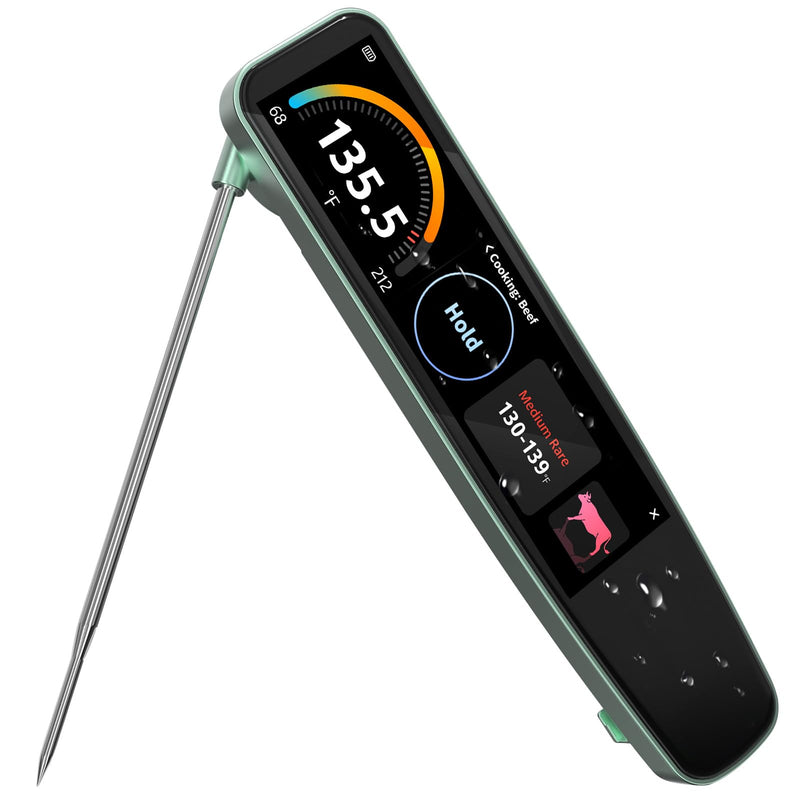 0.5s Instant Read Smart Meat Thermometer Digital, 3.8″ HD Touchscreen with Temp-OS, Professional Kitchen Food Thermometer for Cooking, Grill, BBQ | ±0.5°F, −58–572°F, IP68, USB-C Rechargeable Green