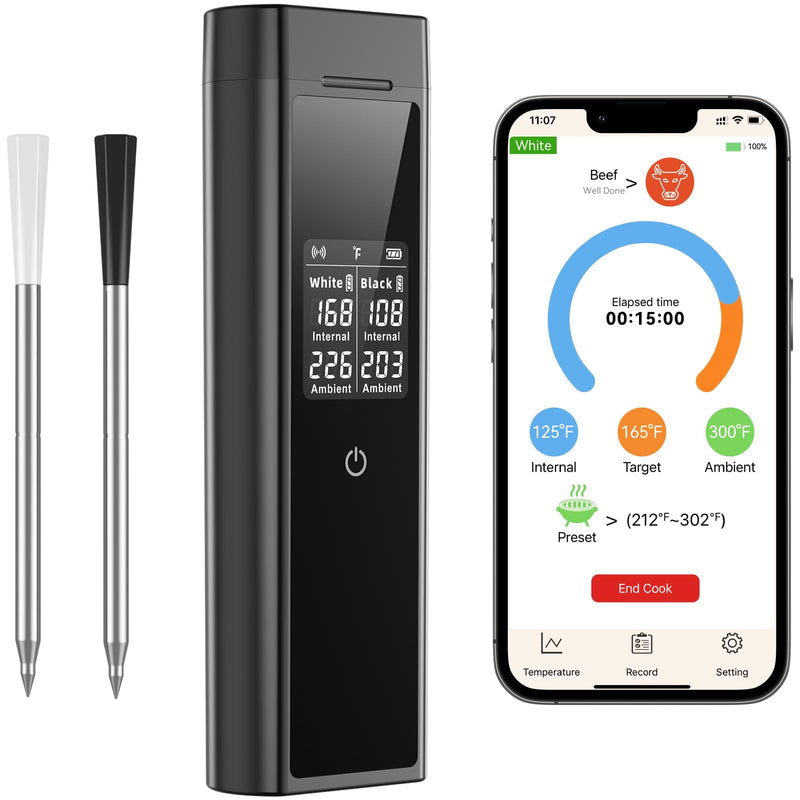 Smart Wireless Meat Thermometer Digital, 2 Probes, Advanced Bluetooth Food Thermometer for Cooking, IP67, Real-Time Monitoring & Smart Alerts with APP for BBQ, Grill, Oven, Smoker, Kitchen Gifts Black