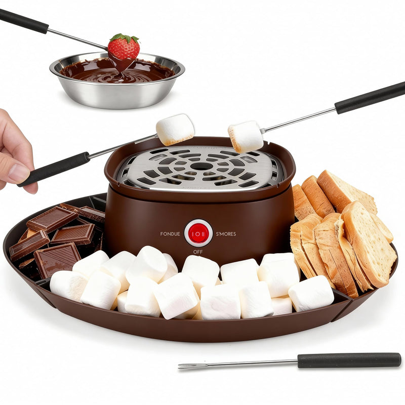 SugarWhisk 2 in 1 Electric Smore Maker & Fondue Set, Marshmallow Roaster with 4 Forks, Indoor Smores Kit for Kids & Couples, Cheese & Chocolate Fondue Pot, 4 Detachable Trays, Brown