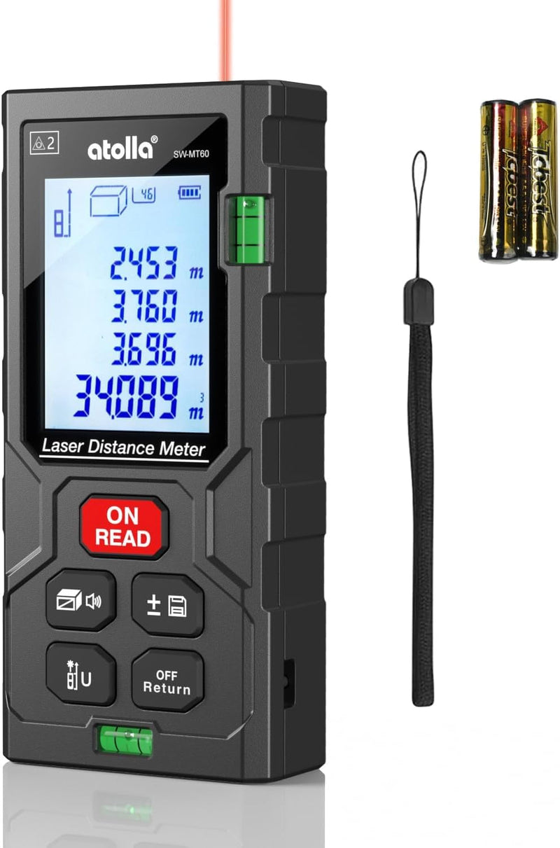 atolla Laser Measure, Digital Laser Distance Meter with 2 Bubble Levels,Portable M/in/Ft Unit Switching Backlit LCD, Measuring Distance/Area/Volume/Pythagorean and Waterproof IP54 (Red Laser) 196 Ft
