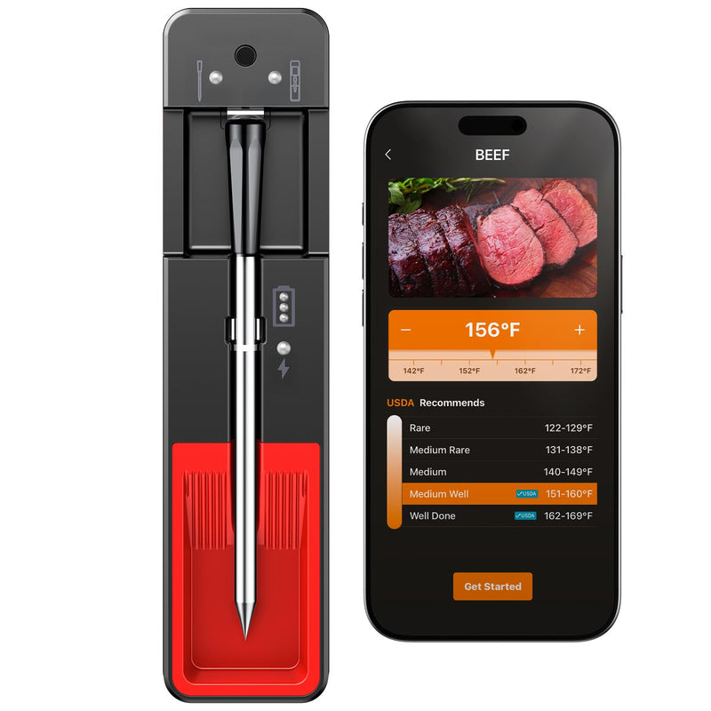 Smart Wireless Meat Thermometer with Ultra-Thin Probe, 6 Sensors Accuracy Digital Food Thermometer 0.5S Instant Read, IP67 Waterproof for BBQ, Grill, Smoker, Oven, Air Fryer,Black Black