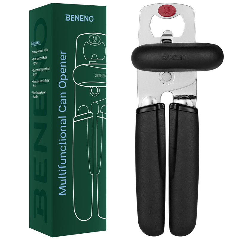 Beneno Heavy Duty Can Opener Manual with Magnet, Smooth Cutting Blade, Durable High Carbon Steel Hand Can Opener Manual with Easy to Turn Knob & Soft Grip Handles, Multifunctional Bottle Opener, Black
