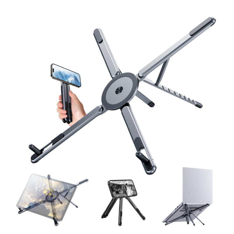 Multi-Device Magnetic Stand Compatible with Magsafe, Foldable Aluminum Alloy, 3-in-1 Laptop/Tablet/Phone Holder, Supports Handheld or Desktop Mode, Portable Travel Design, Gray
