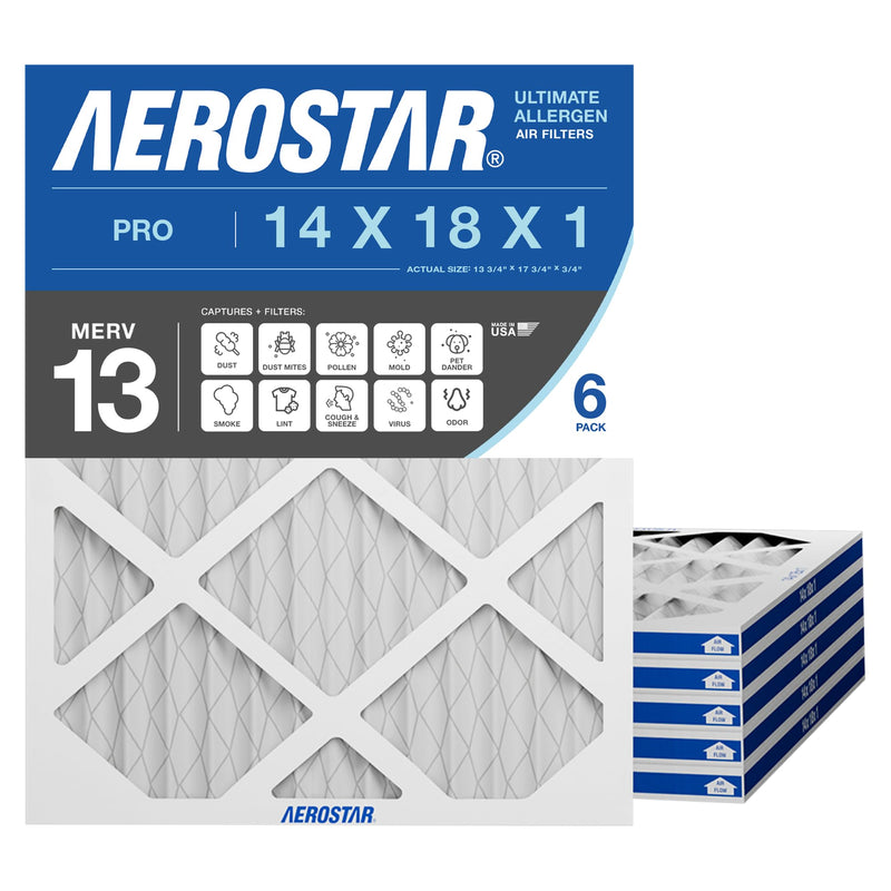 Aerostar 14x18x1 MERV 13 Air Filter, 6 Pack Set of HVAC Furnace Filters, Electrostatic MPR 1500-1900 & FPR 10 (Actual Size: 13 3/4 x 17 3/4 x 3/4 inches) Pro MERV 13