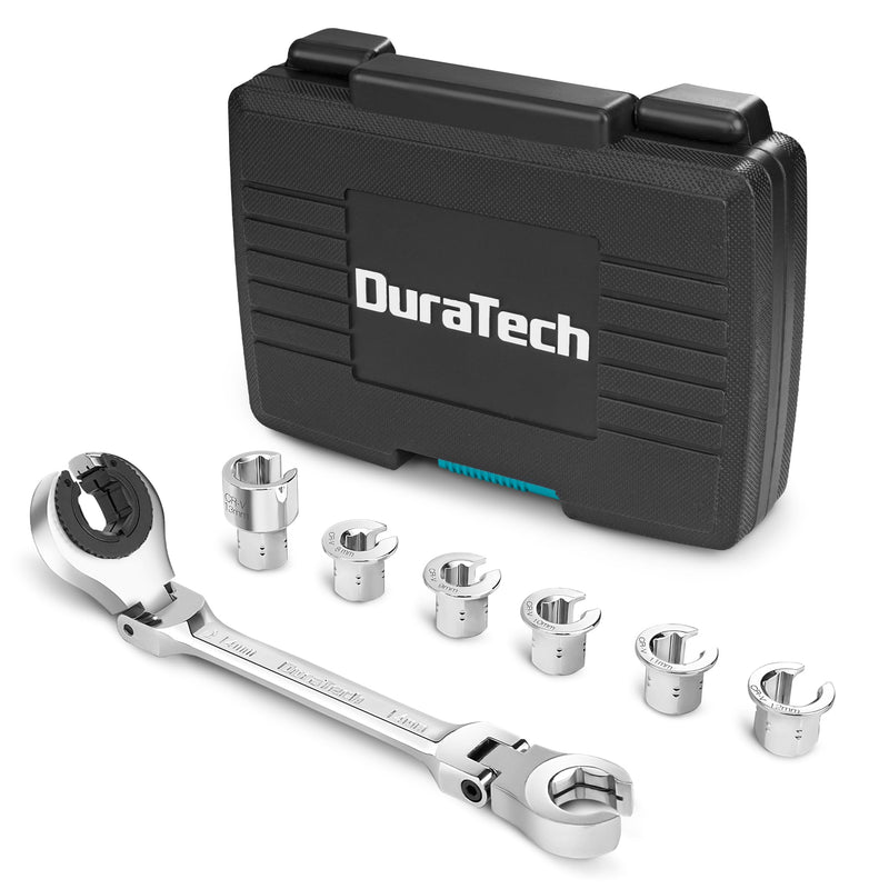 DURATECH 7-In-1 Ratcheting Wrench Set with Open Flex-head, Metric Ratcheting Tubing Wrench Set, 8-14mm, 72-Tooth Gear, CR-V Steel, with Tool Box, Gifts for Men