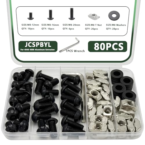 80 pcs M8 T Nut Screws Kit for 4040 4080 Aluminum Extrusion, 26 pcs Black M8x12/16/20mm Hexagon Socket Carbon Steel Screws and 26 pcs M8 Drop in T-Nuts, 28 Washers with Hex Wrench 80pcs 40 Series Screws Kit Black