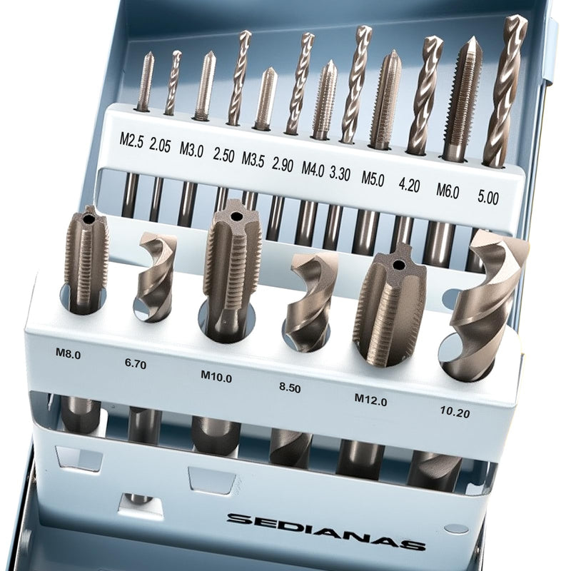 18PCS Tap and Drill Set - 4341 High Speed Steel Metric Drill and Tap Set,Titanium Coated, Tap Range M2.5 * 0.45—M12*1.75, Metal Storage Case