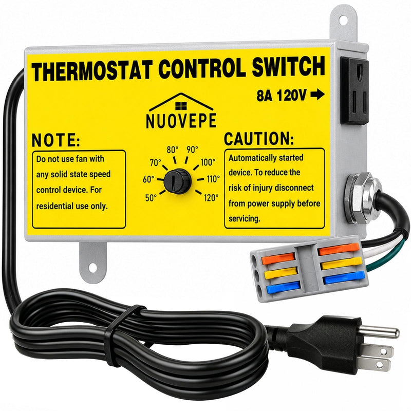 Attic Fan Thermostat Control with Socket & Wire Connector, Adjustable Plug-in Thermostat with Overload Protection, Dual-Fan Compatible Controller for Greenhouse, Workshop, Garage, Vent Fan 1 Pack
