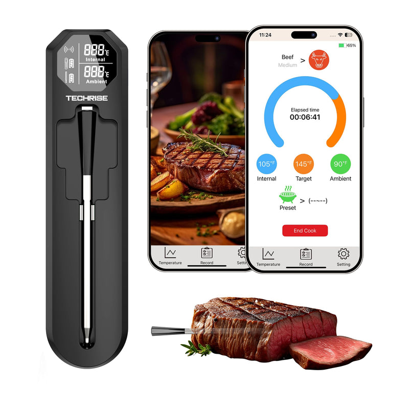 TechRise Bluetooth Wireless Meat Thermometer with APP, Wireless BBQ Grill Thermometer for Oven,Smoker,Air Fryer,Kitchen Cooking,Instant Read Digital Probe with Alarm, Long Range,Rechargeable,Black Black