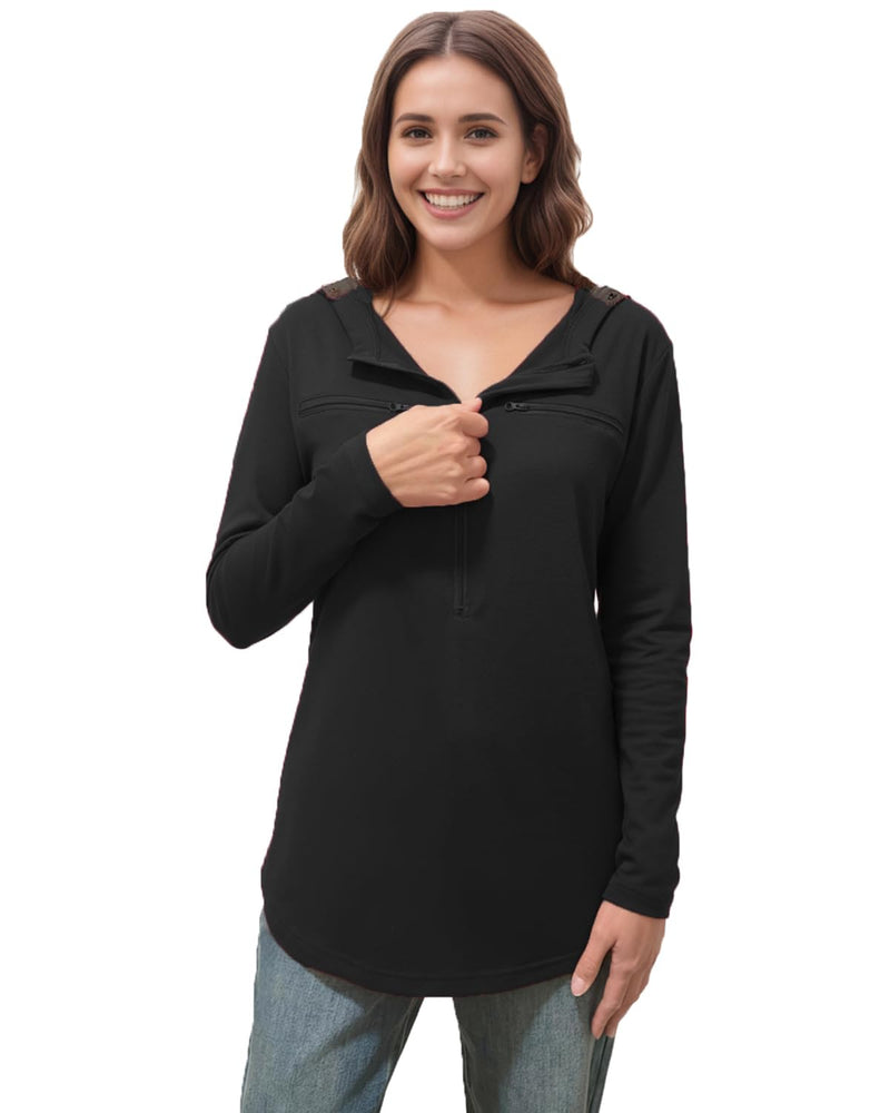 Chemo Shirts for Women with Port Access and Side Snaps Long Sleeve for Post Surgery Recovery Dialysis Comfort Shirt Black Medium