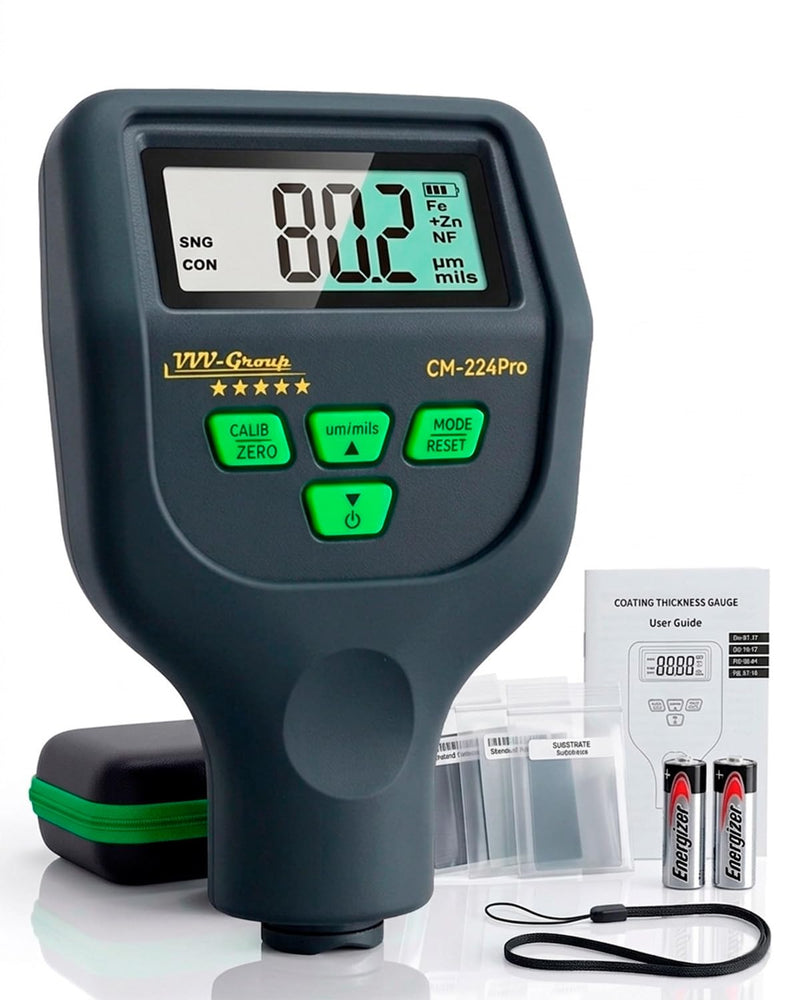 Paint Thickness Gauge – CM-224Pro Automotive Coating Thickness Meter 0–59.1 mils (0–1500 µm), 0.01 mils (0.1 µm) Resolution, Fe/NFe/Zn Auto Detection, Auto Calibration Fe/Al/Zn