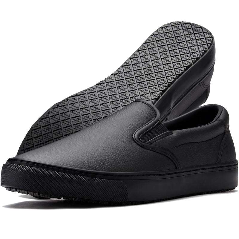 Women's Non-Slip Work Shoes, Waterproof Slip-Resistant (Oil & Water) Leather Sneakers for Food Service, Slip On Restaurant Server Shoes, Comfortable Nursing Shoes, Stain Resistant Chef Shoes for Kitchen 7.5 Black