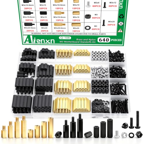 640PCS M3 Brass and Nylon Motherboard Standoffs Kit, Male Female Hex Spacer Standoff Screws Nuts Suitable for Circuit Board, PCB Board etc Yellow & Black 640PCS (M3)