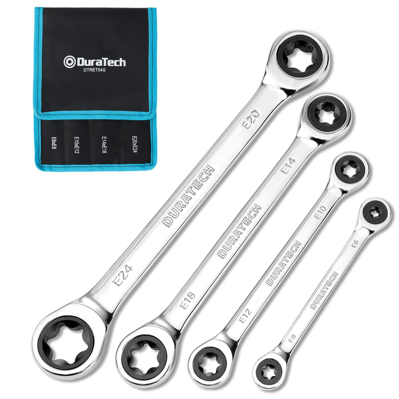 DURATECH 4-Piece E-Torx Wrench Set, Double Box End Ratcheting Wrench Set, Including E6 * E8, E10 * E12, E14 * E18 and E20 * E24, 72-Teeth, CR-V Steel, Mirror-Polished with Rolling Pouch