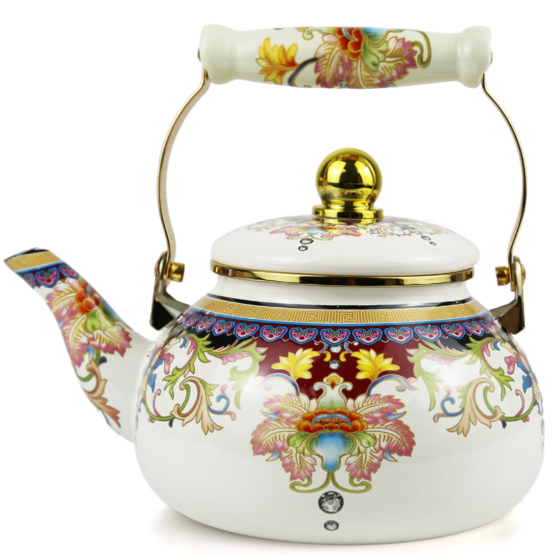 2.5L Floral Enamel Tea Kettle with Ceramic Handle, Stovetop Teapot - Lead-Free, No Whistle, Ideal Gift for Tea Lovers, Used for Drinking Tea in Camping Courtyards